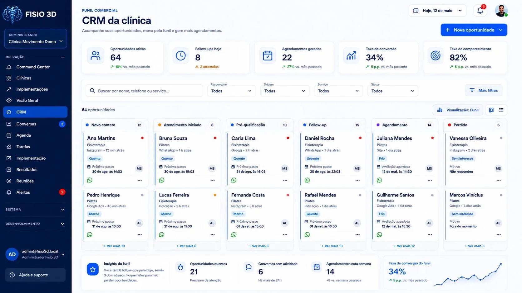 CRM do Fisio 3D com funil comercial e oportunidades organizadas por etapa.